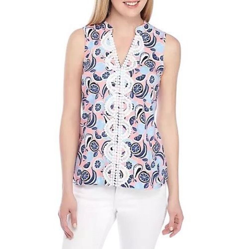 Crown Ivy Large Tank Top Crochet Trim Kurta Top Pink Blue Sleeveless Fruit 1246